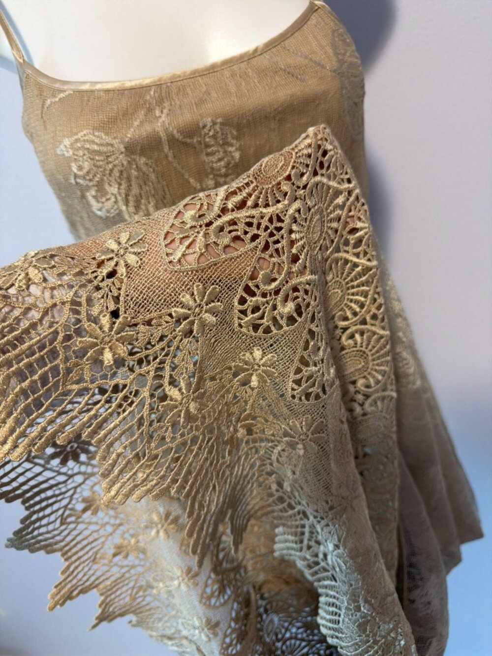 Vintage Y2K Mesh Maxi Skirt Floral Gold Beige Sheer Overlay Lined Dress Medium M - Picture 3 of 7